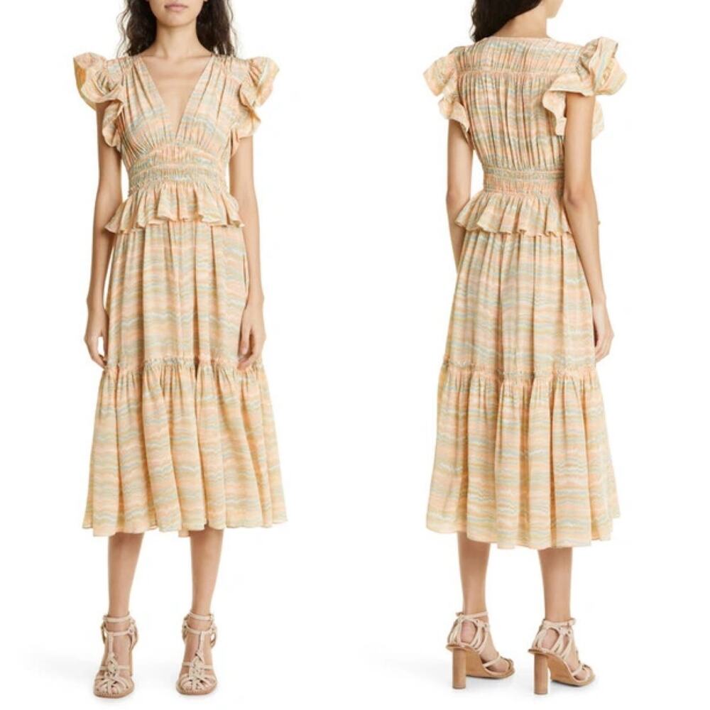 Ulla Johnson Bendetta Dress‎ in Opal Sz 4 Peach Cream Blue Silk Chiffon Ruffles
